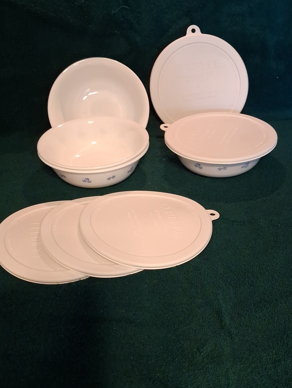 Corelle White Bowls with Blue Floral Trim and White Lids